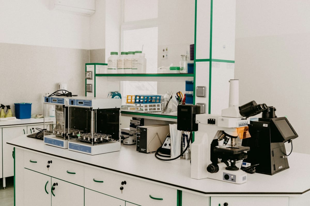 Laboratory bench with research equipment and reagents