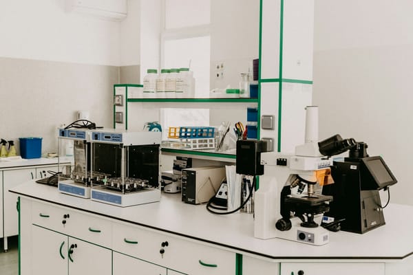 Laboratory bench with research equipment and reagents